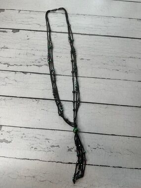 Multi-Strand Black Necklace with Green Accents